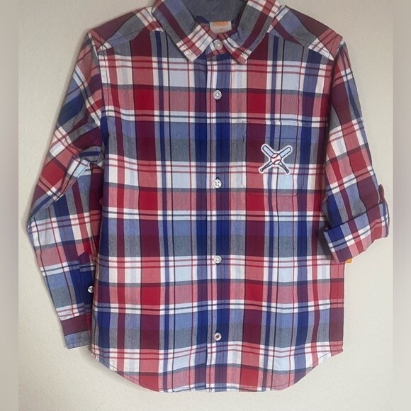 Gymboree Toddler Boys Red Blue Plaid Button Up Shirt 4T Baseball patch - Picture 2 of 6